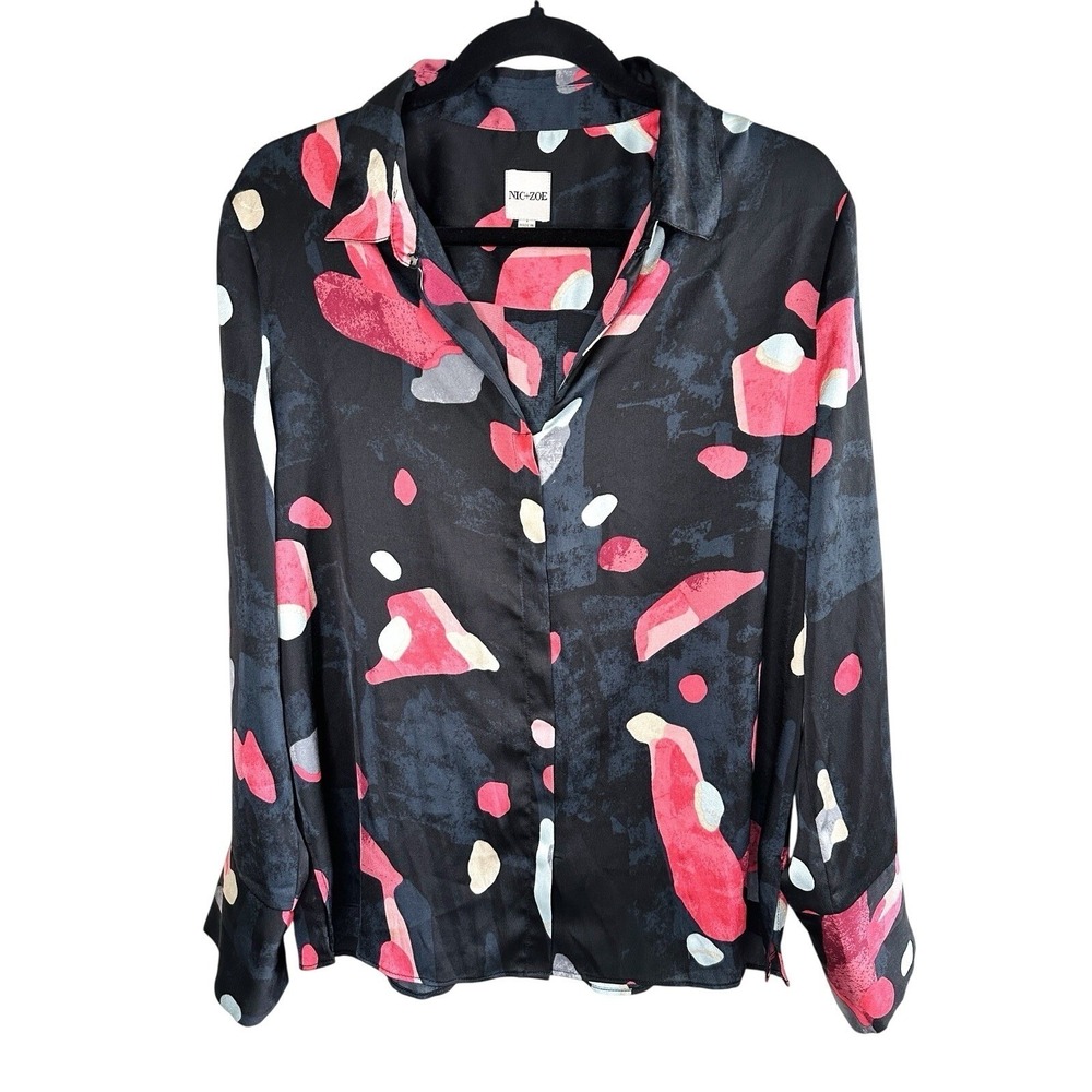 NIC+ZOE Shirt L Large Abstract Print Button Down Blouse Long Sleeve Satin Feel